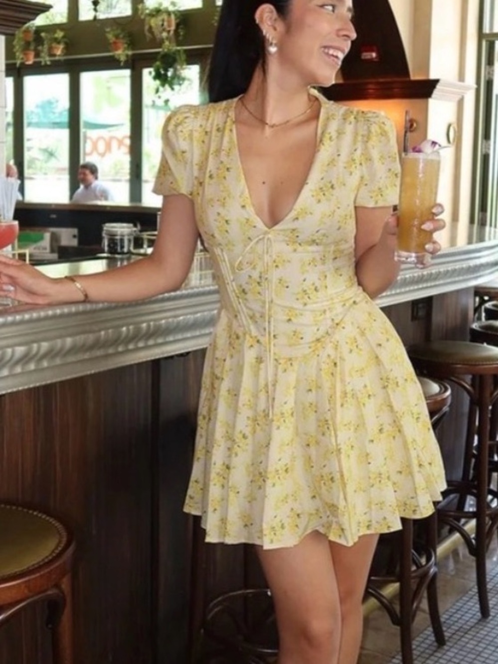 Women's Yellow Floral Mini Dress with V-Neck